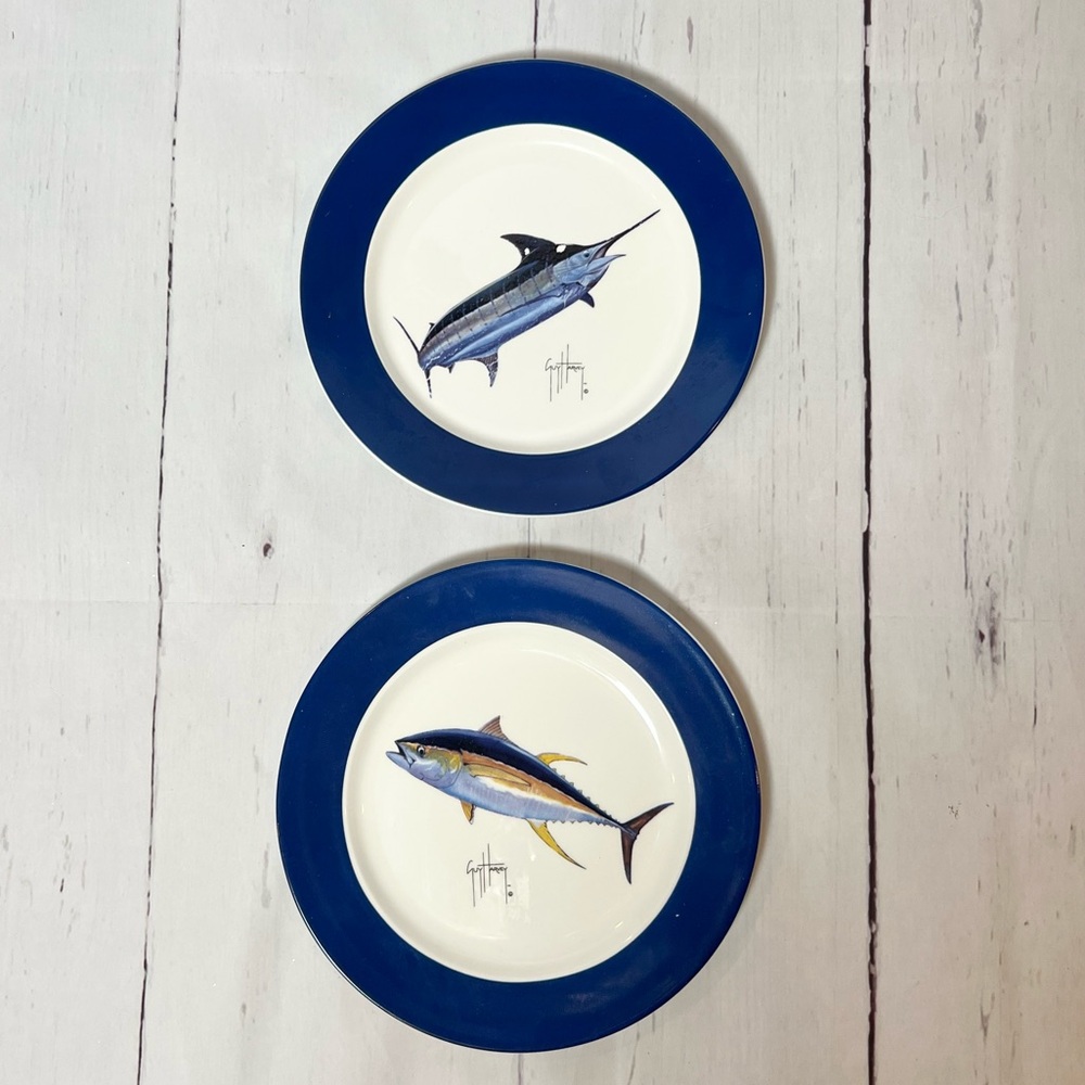 Set of 2 Vintage Guy Harvey Fish Plates - Blue Marlin & Tuna Boys Nautical Decor